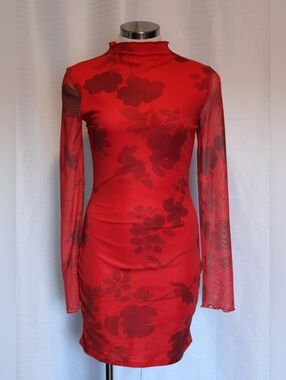 Fashion Nova Red Floral Mesh Bodycon Mini Dress Size S